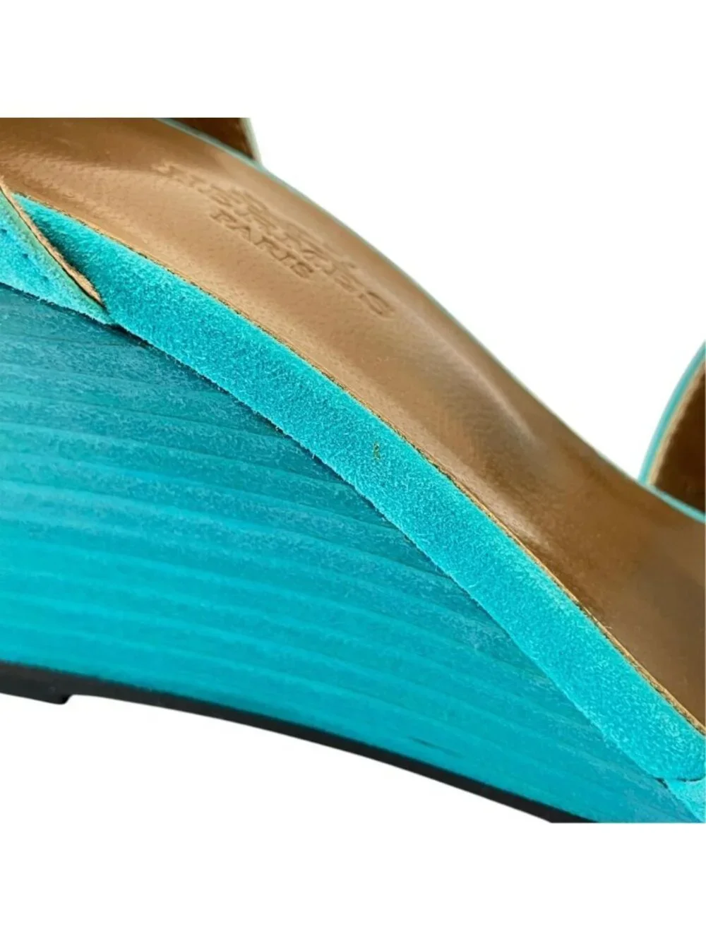 Hermes Legend H Motif Wedge Sole Sandals Turquoise Blue